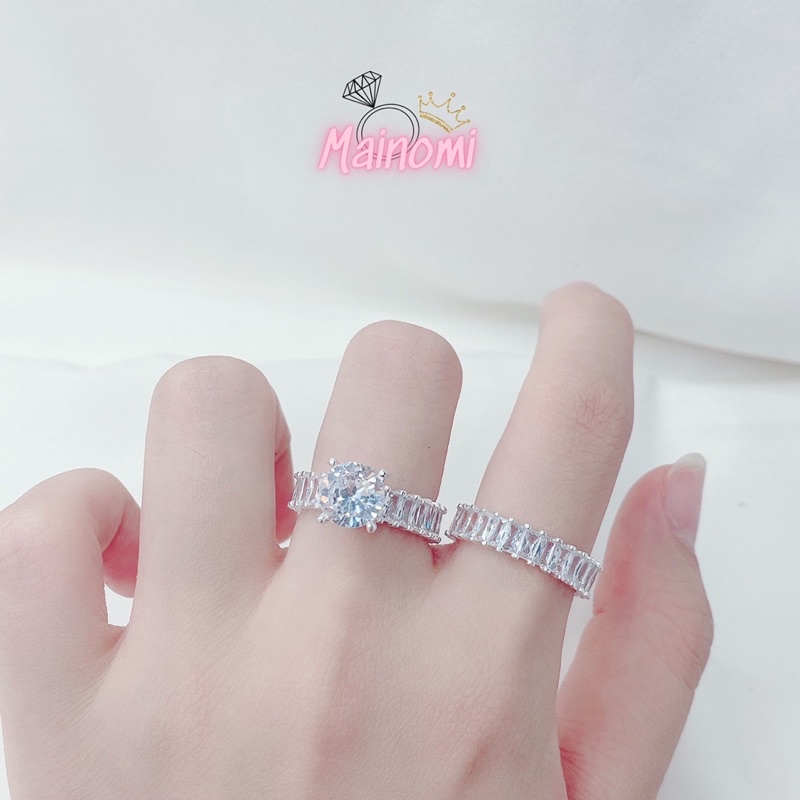 Nhẫn full đá MAINOMI 2 kiểu sang xịn có quà tặng kèm, bạc sáng đá ép bền lấp lánh đeo đôi hay đơn đều đẹp