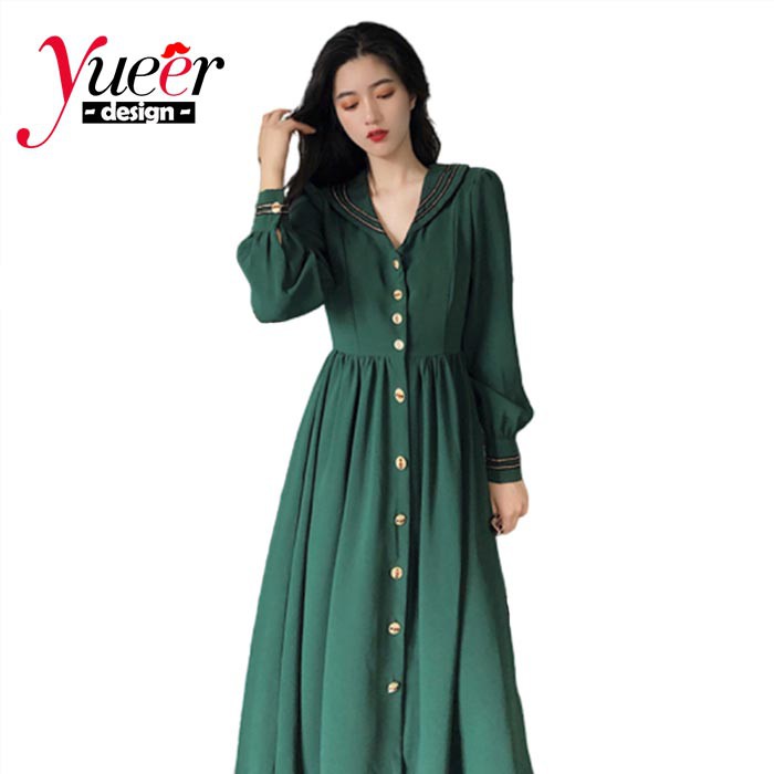 Đầm tay dài cổ chữ v phối cúc nổi bật duyên dáng dễ thương cho nữ | BigBuy360 - bigbuy360.vn