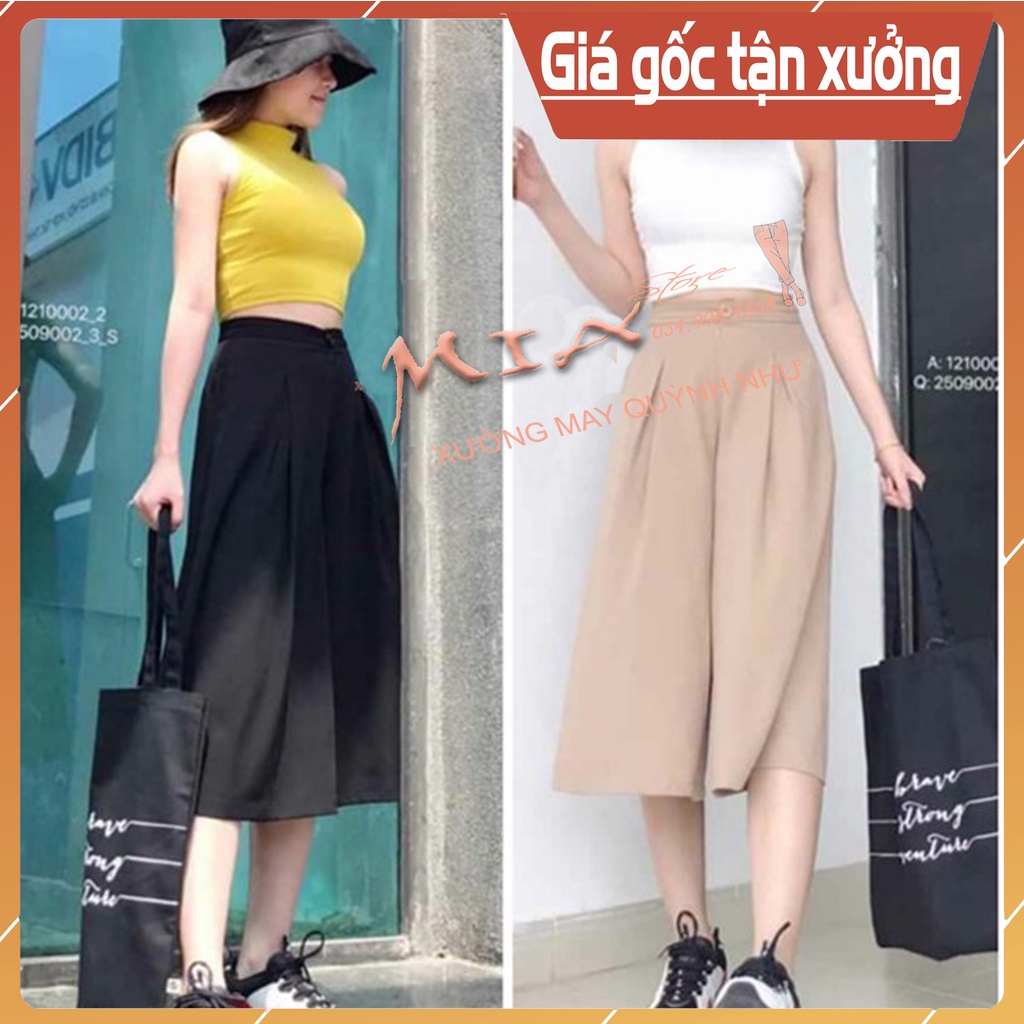 Quần lửng nữ ống rộng suông xếp ly giả váy cạp lưng cao đen trắng - dáng quần đũi lửng ngố nữ dài qua gối ở nhà đi biển