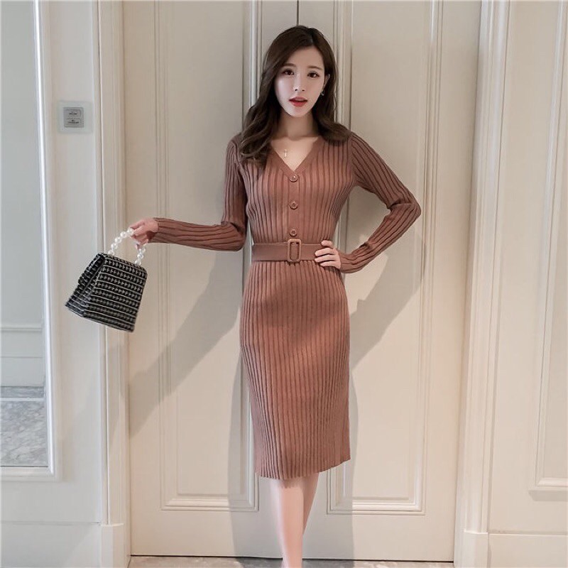 Đầm len hàng quảng châu cao cấp TẶNG kèm đai lưng
