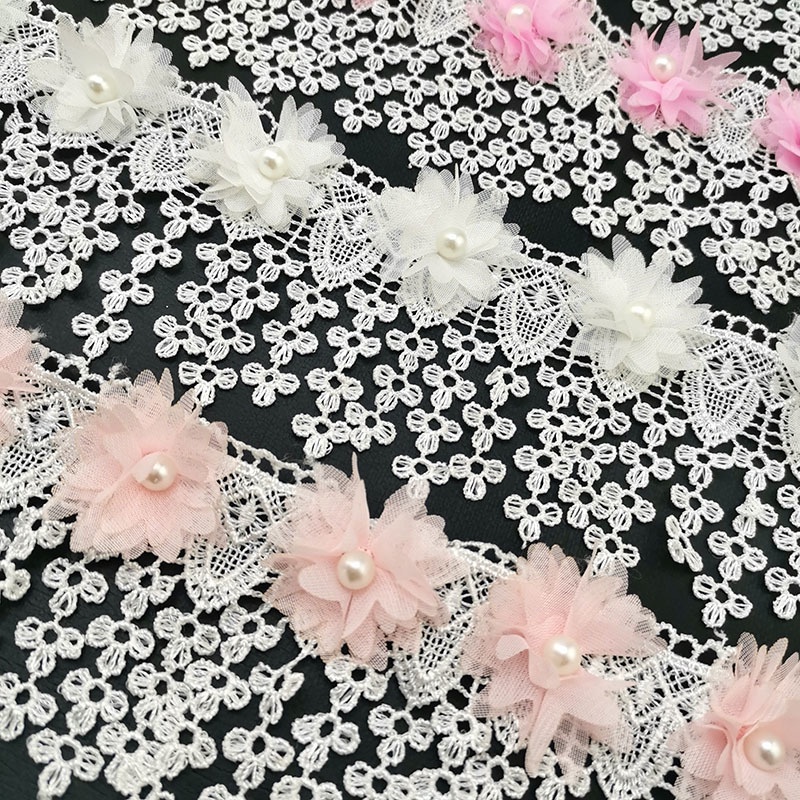 Cuộn Dây Ren Hoa Đính Ngọc Trai Giả Dài 1 Yard 8cm Dùng Để Trang Trí Quần Áo DIY