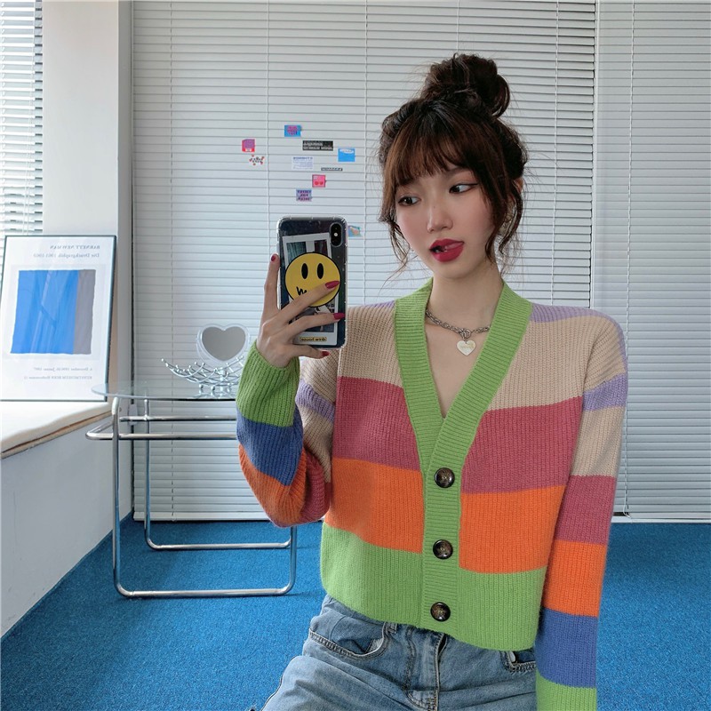 Áo Cardigan Dệt Kim Dáng Rộng Kẻ Sọc Cầu Vồng Xinh Xắn Cho Nữ