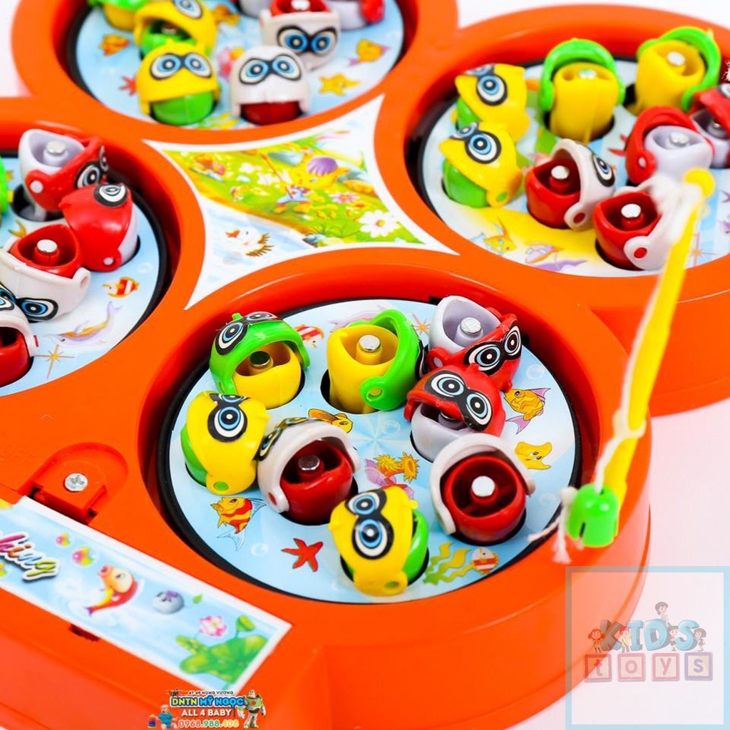 Đồ chơi câu cá nam châm 4 hồ, 32 cá 4 cần câu phát nhạc xoay 360 độ chạy pin AA chất liệu nhựa an toàn