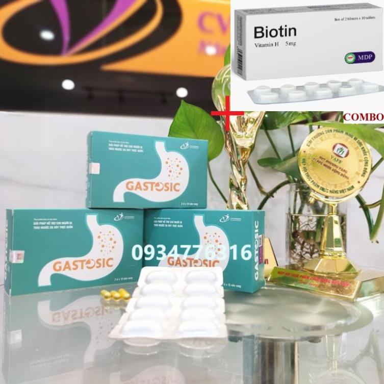 Combo Biotin 5mg+ Gastosic ngăn ngừa trào ngược dạ dày biến chứng tái phát hộp 3 vỉ x10 viên nang mềm