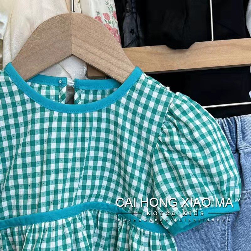 Set Áo Sơ Mi Tay Phồng Họa Tiết Sọc Caro Và Quần Jean Thời Trang Mùa Hè Hàn Quốc Mới Cho Bé Gái