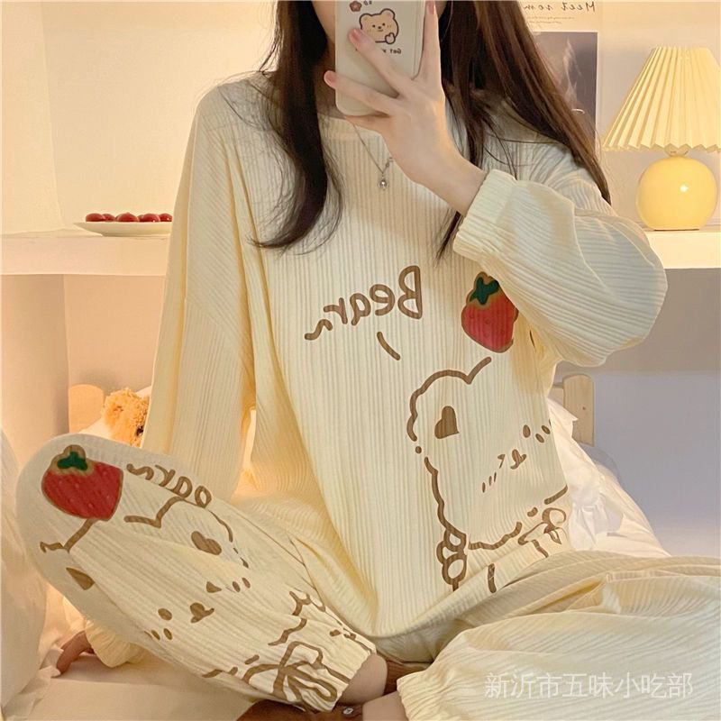 Bộ Đồ Ngủ Tay Dài Cổ Chữ V In Hình Gấu Dễ Thương Phong Cách Nhật Bản Thời Trang Xuân Thu Cho Nữ