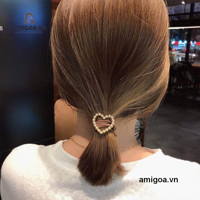 ✨✨Dây buộc tóc cao su đính ngọc trai hình trái tim phong cách Hàn Quốc