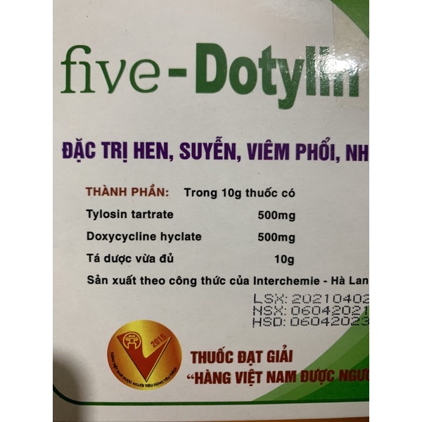 Five Dotylin 10g - hen, suyễn, viêm phổi, tiêu chảy nặng trên gia súc, gia cầm