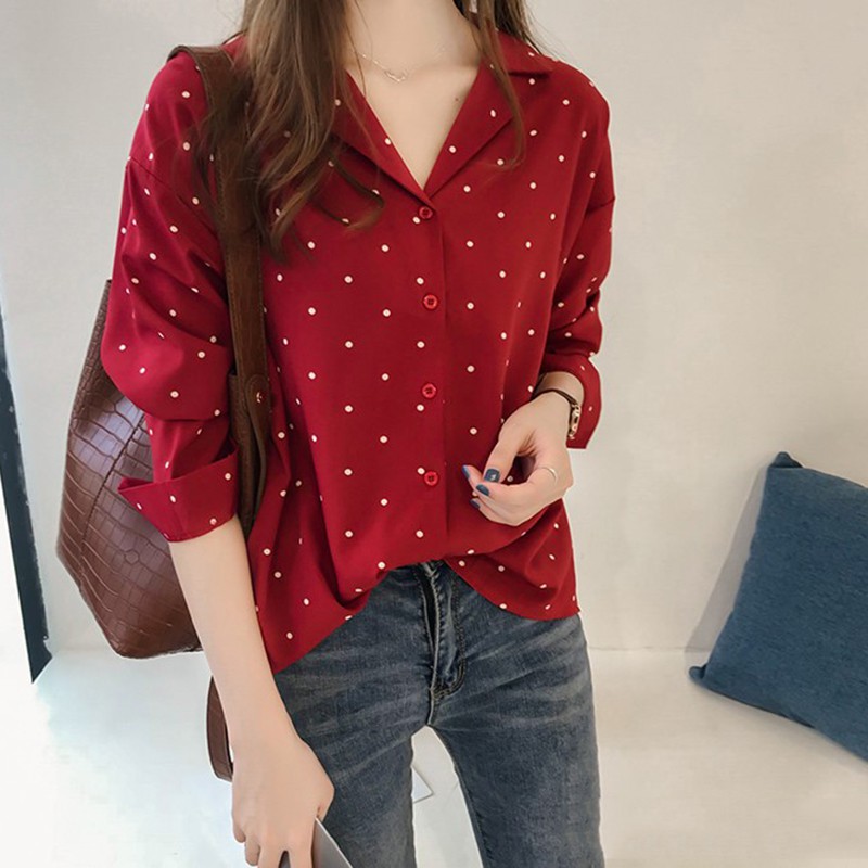 ❦xiaomonv2021❦ Áo chiffon tay dài hoạ tiết chấm bi
