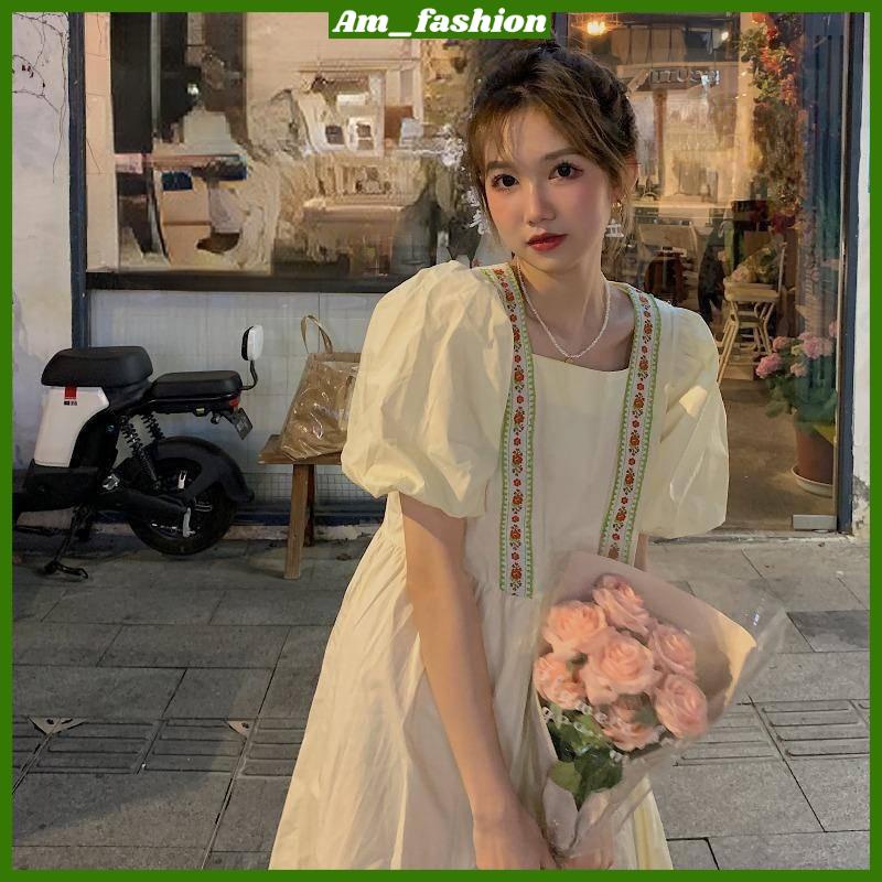 Đầm dài cổ vuông tay phồng màu vàng nhạt phong cách Hàn Quốc ngọt ngào thời trang mùa hè cho
