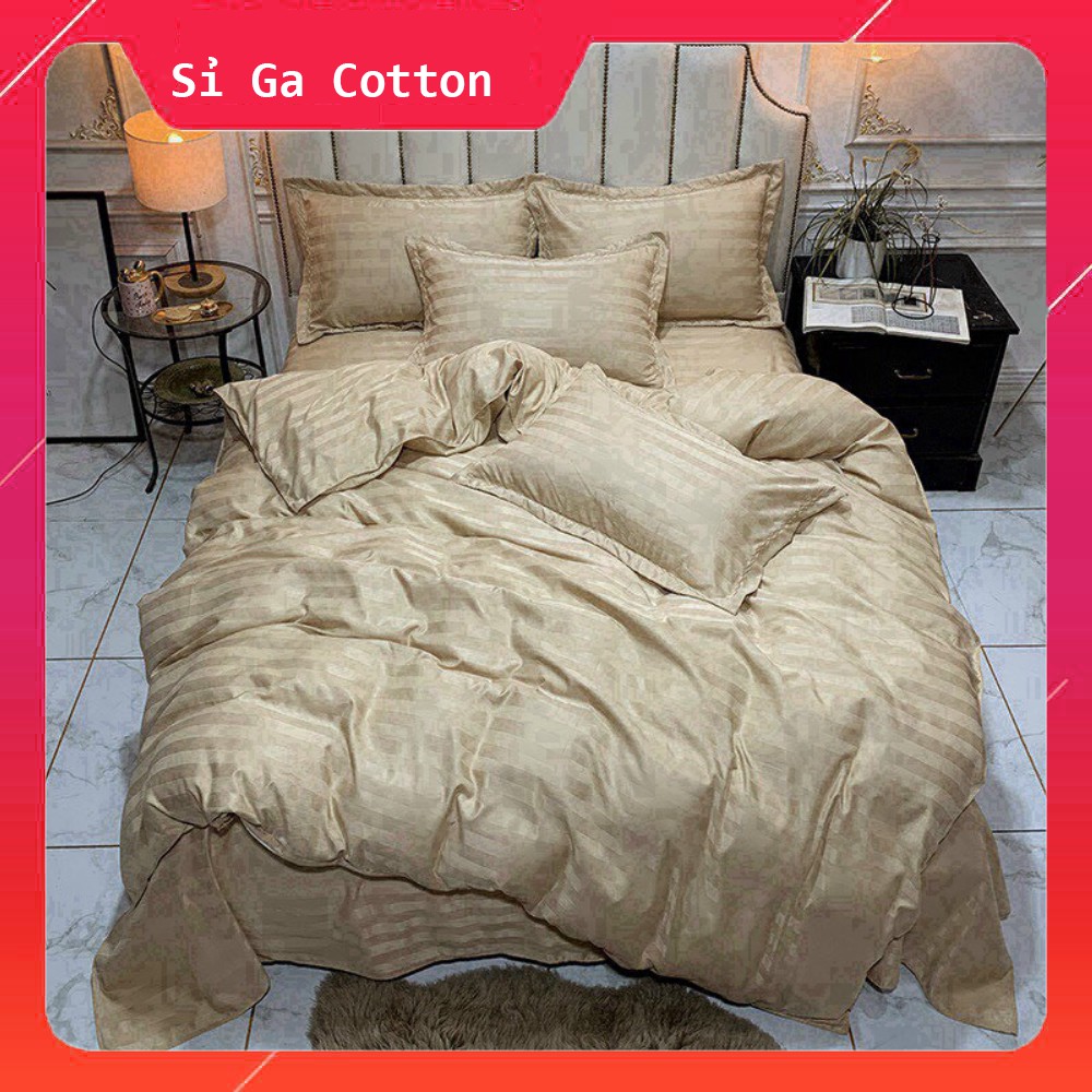 Bộ 4 Món Ga Gối SỌC 3F Vải Cotton Lụa Hàng Chuyên Cho Gia Đình Và Khách Sạn - Xanh Lá Cây- Sỉ Ga Cotton