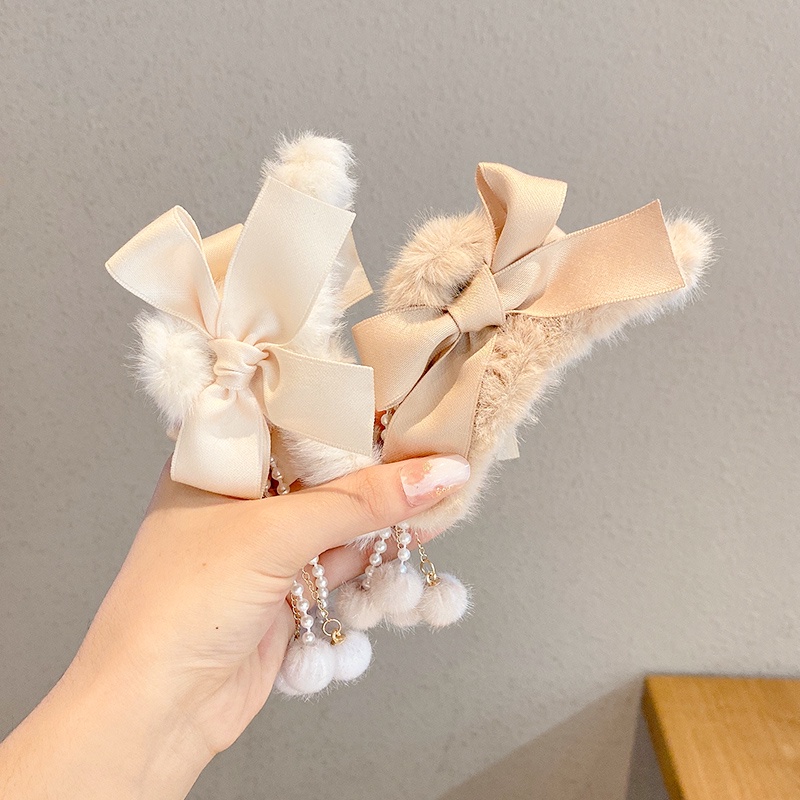 Kẹp Tóc Lông Đính Nơ Phong Cách Hàn Quốc Chất Lượng Cao