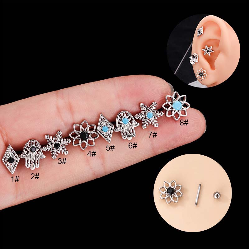1 Khuyên Tai Hình Hoa Tuyết / Bàn Tay / Sụn Tai 6mm Bằng Thép Không Gỉ