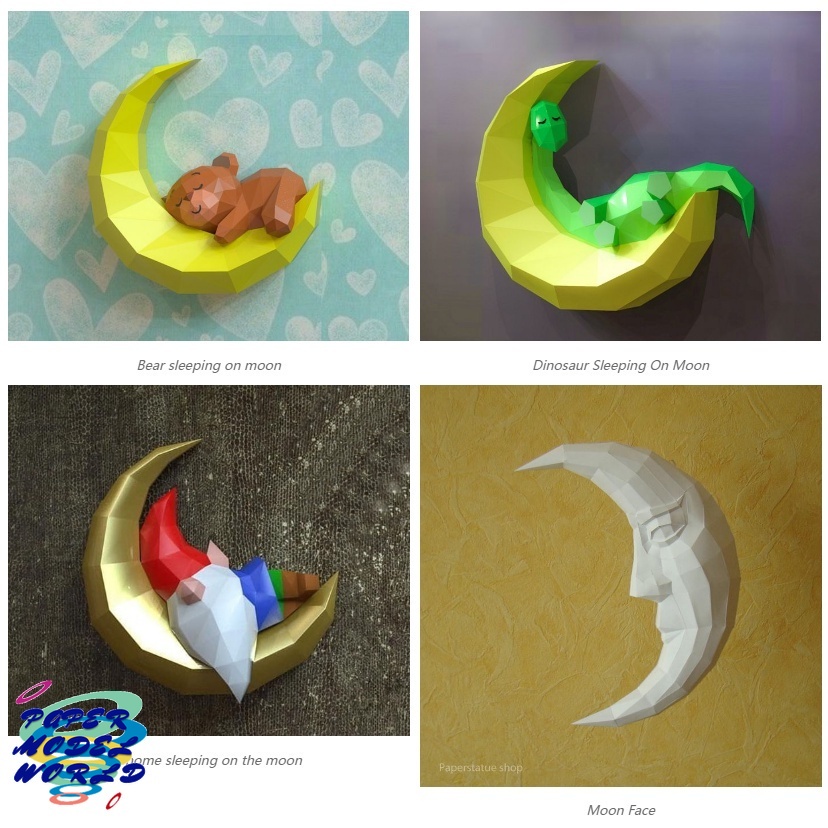 Mô Hình Giấy 3D Thủ Công Hình Nửa Mặt Trăng Khủng Long Đang Ngủ Sáng Tạo Treo Tường Trang Trí