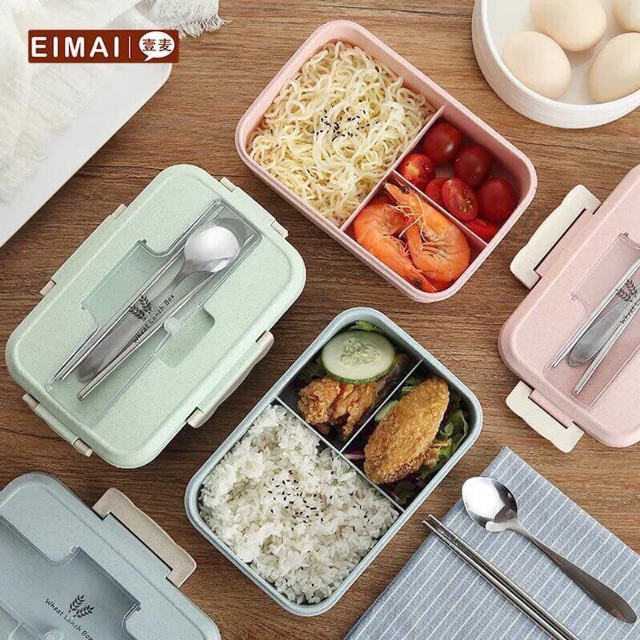 Hộp cơm có giá đỡ điện thoại nhựa lúa mạch kèm muỗng đũa inox