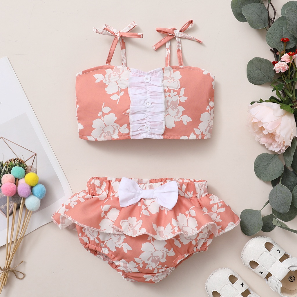 Set đồ bơi 2 mảnh MIKRDOO gồm áo 2 dây in hoa + quần short thời trang mùa hè cho bé gái