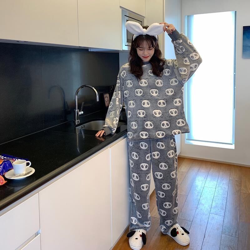 Đồ ngủ chất nhung mùa thu đong Coral velvet pajamas female autumn and winter home wear set student lovely panda long sleeve Plush warm flannel