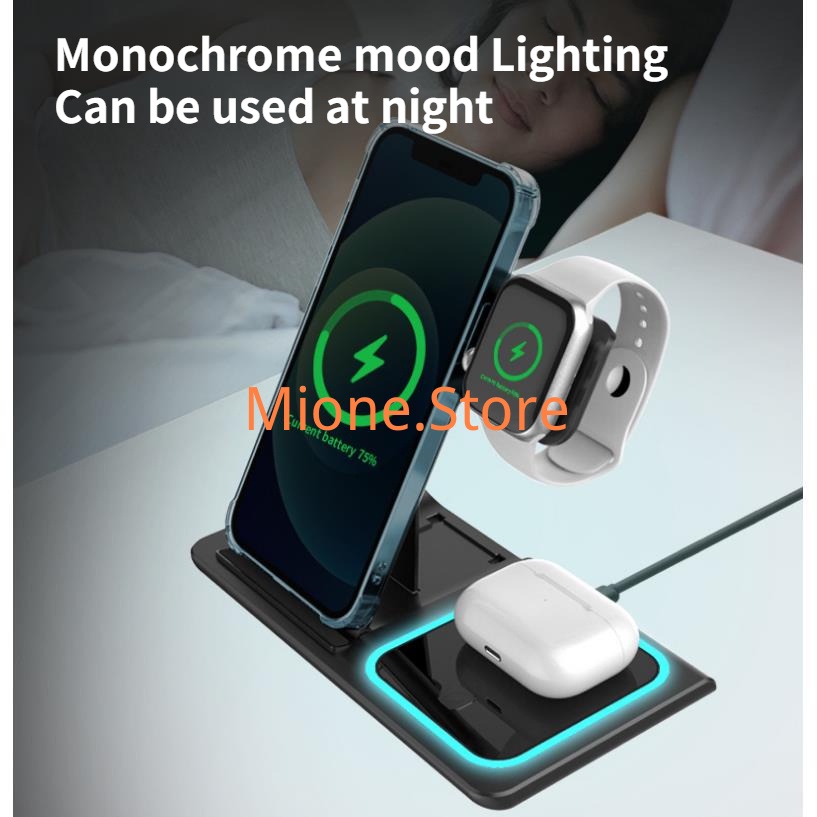Đế sạc nhanh không dây mione 15W 4 trong 1 thiết kế 3 trong 1 tích hợp đế sạc điện thoại và đồng hồ
