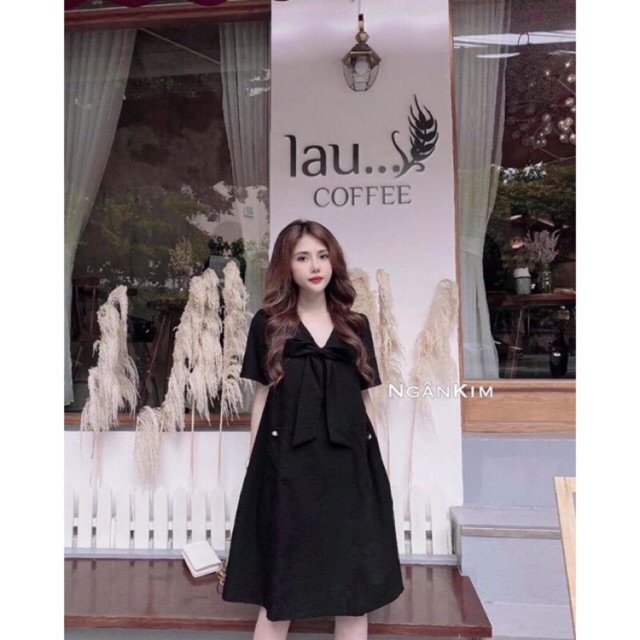 Váy suông thắt nơ xinh xắn 2 màu chất đũi