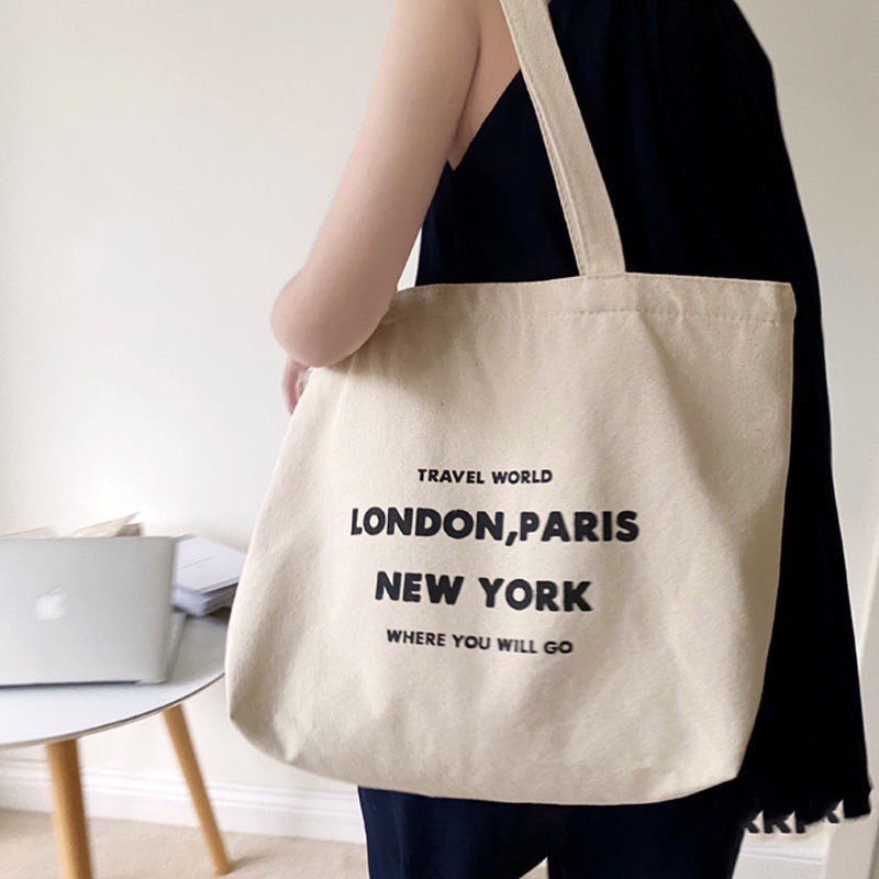 Túi tote vải canvas đi học đi chơi có túi nhỏ xinh in LONDON PARIS NEWYORK AH1641