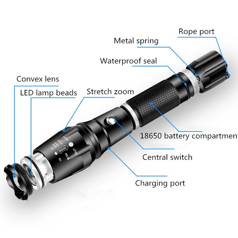 Đèn Pin Led Ánh Sáng Trắng/Đen Chống Nước 800lm Tiện Dụng Khi Đi Dã Ngoại