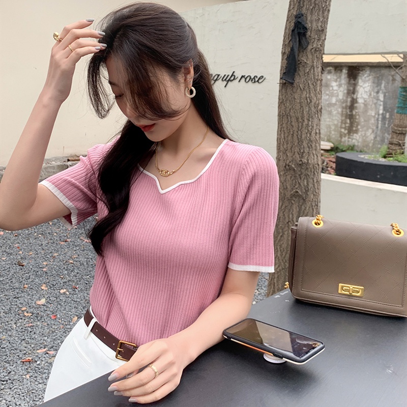 SUXI Áo Dệt Kim Ngắn Tay Màu Sắc Đơn Giản Phong Cách Vintage Dễ Phối Đồ Thời Trang Mùa Hè Cho Nữ