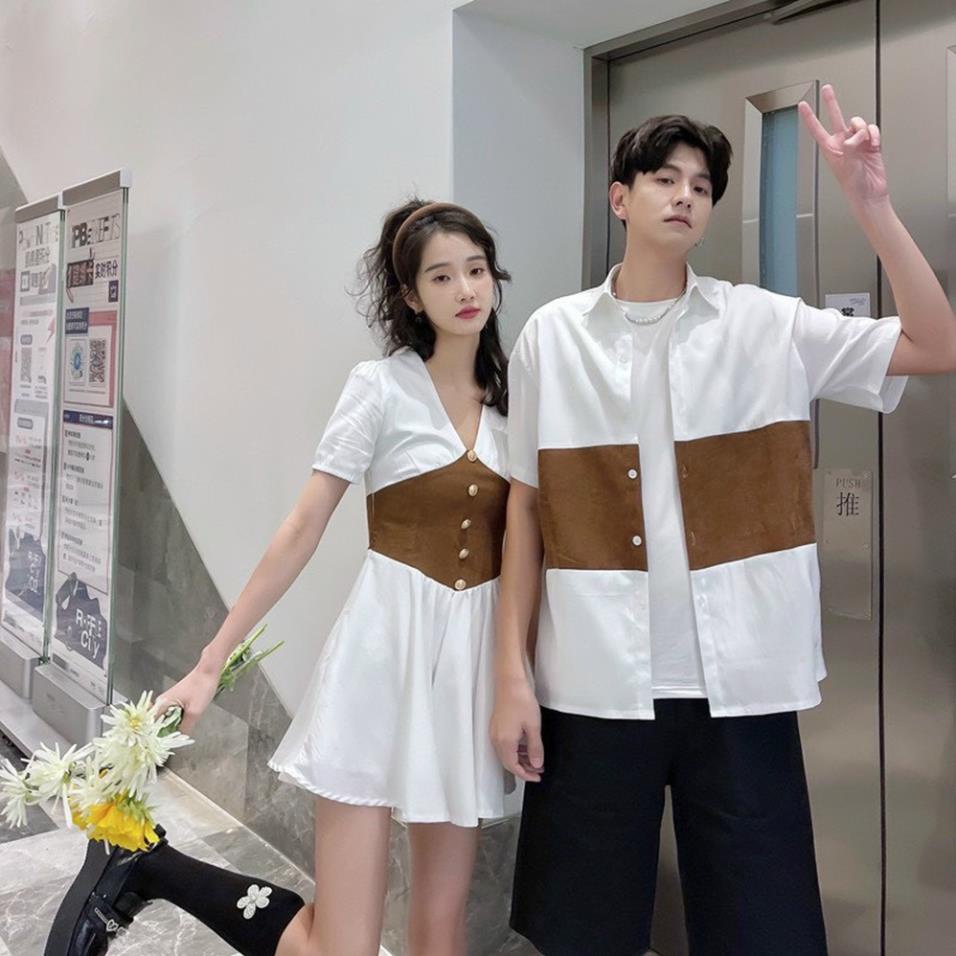 SET ÁO ĐÔI NAM NỮ CHỤP HÌNH CƯỚI ĐỒ CẶP ÁO SƠ MI NAM ĐẦM HÀN QUỐC MÀU TRẮNG