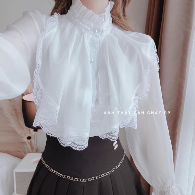 Áo kiểu tay phồng cổ bèo KH87, áo sơ mi trắng tay phồng