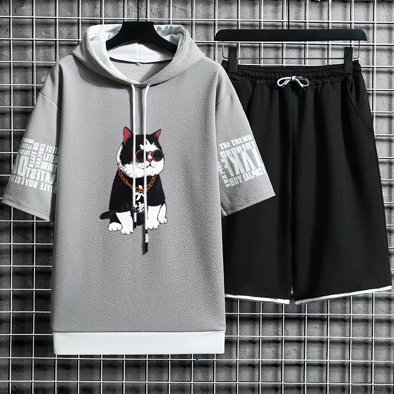 Set áo hoodie tay ngắn họa tiết mèo hoạt hình dễ thương + quần short cho nam size M-3XL