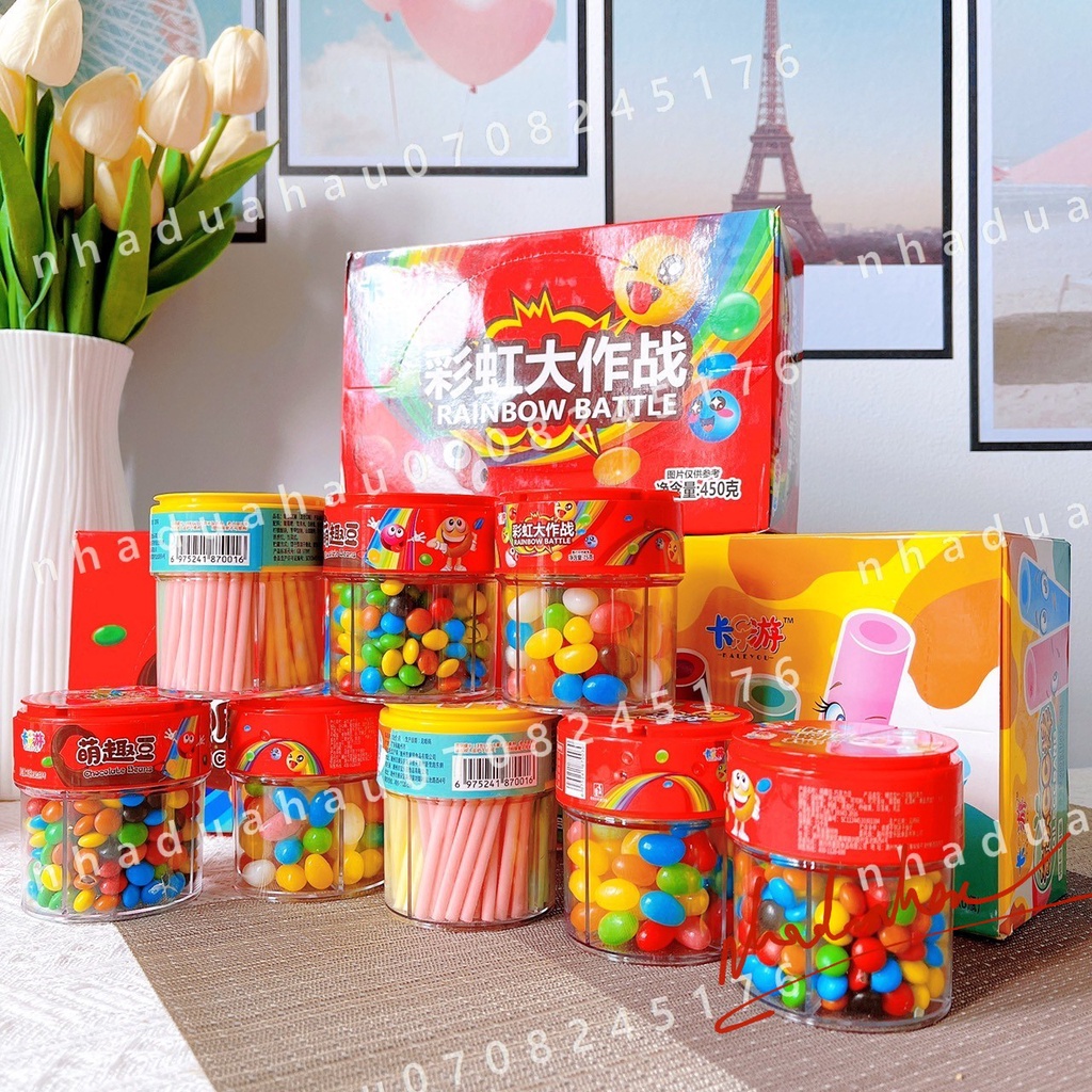 Một lốc gồm 6 hủ kẹo tăm/ kẹo gummies sắc màu 4 ngăn cầu vồng Hongkong hủ lớn 100gam