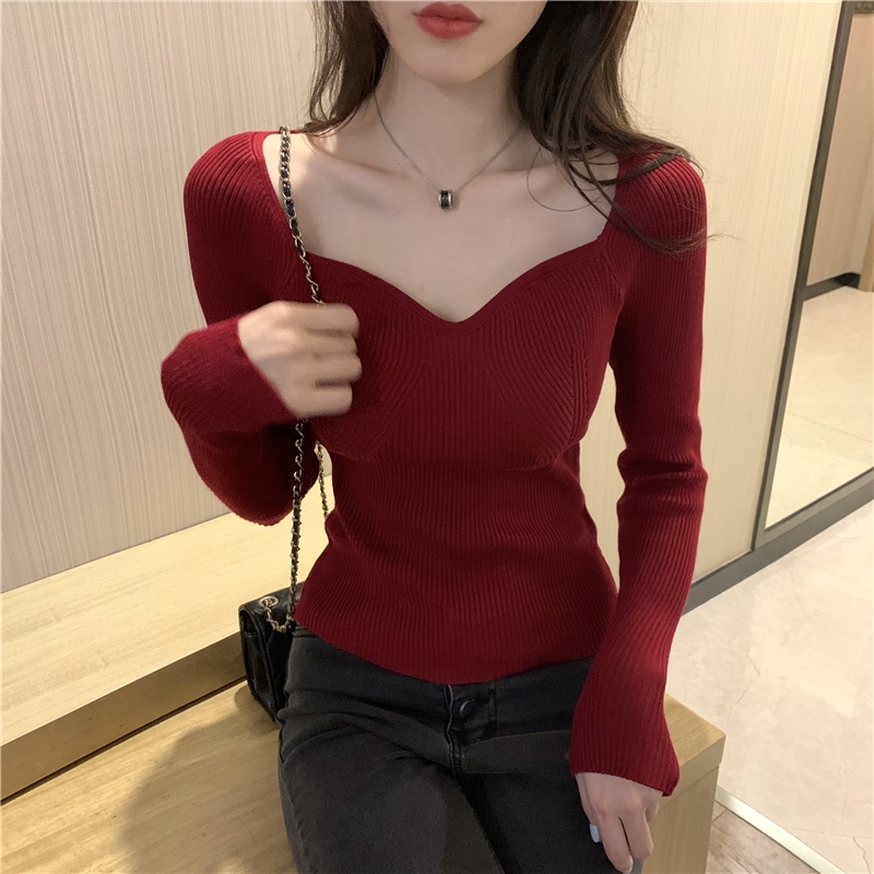 Porozi  Áo sweater tay dài cổ vuông phong cách thời trang Hàn Quốc