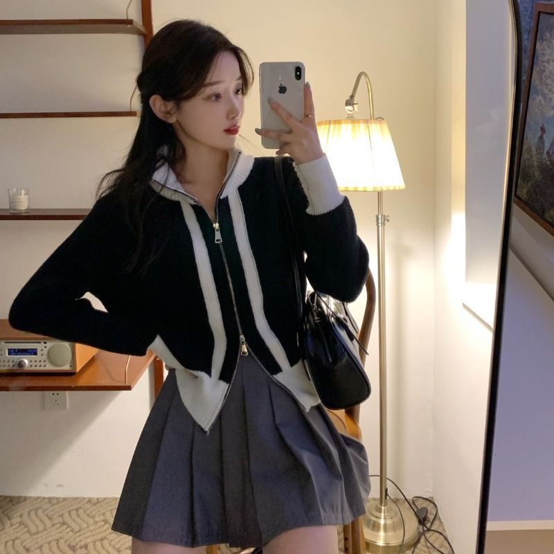 COZOK Áo Khoác cardigan Dệt Kim Tay Dài Cổ Cao Màu Sắc Tương Phản Có Khóa Kéo Thời Trang