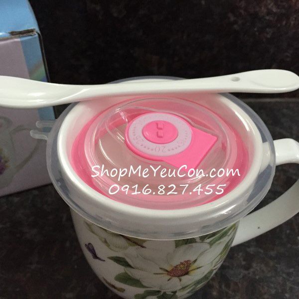 Cốc sứ kèm thìa nắp hút chân không
