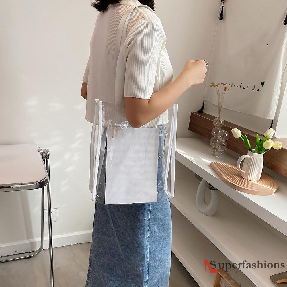 【Hot Sale】Fashion Women Transparent Shoulder Shopping Tote Bag Large Capacity Handbag