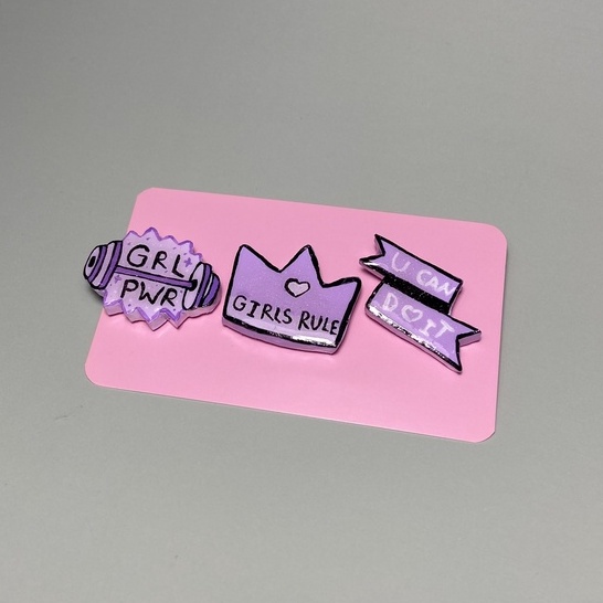 Pin cài áo, váy tím pastel siêu đáng yêu cao cấp phong cách nữ quyền girl power thủ công bằng đất sét polymer clay