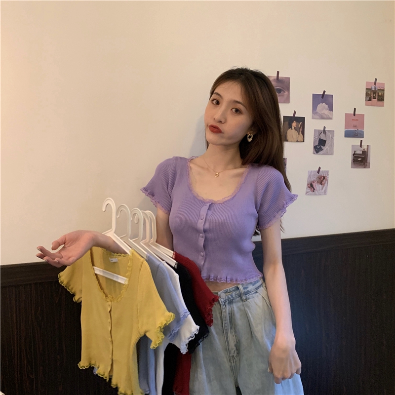Áo dệt kim SUXI tay ngắn phối ren thời trang phong cách Hàn Quốc