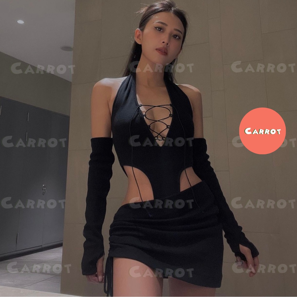 Set đồ nữ sexy cá tính sang chảnh áo croptop tay dài khoét ngực cột dây chân váy ngắn đen rút dây tôn dáng Carrotxinhdep