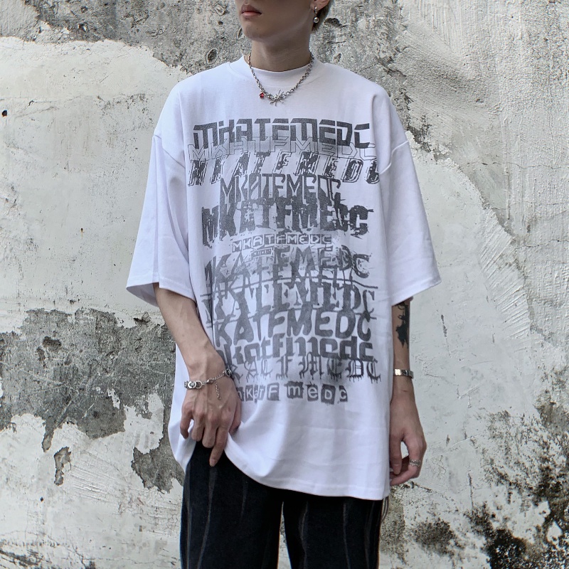 Áo thun tay ngắn cổ tròn dáng rộng in chữ phong cách hip hop Mỹ thời trang mùa hè cho nam size S-5Xl