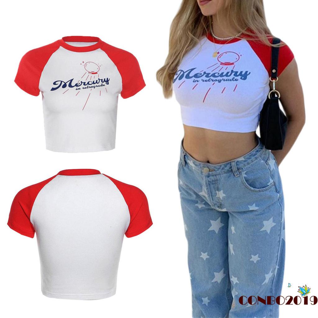 Áo thun lửng ngắn tay in chữ thời trang nữ tính