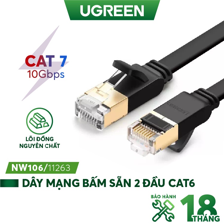 Cáp mạng 2 đầu đúc Cat7 UTP Patch Cords dạng dẹt, dài từ 0.5-10m UGREEN NW106- Hàng phân phối chính hãng - Bảo hành 18 t