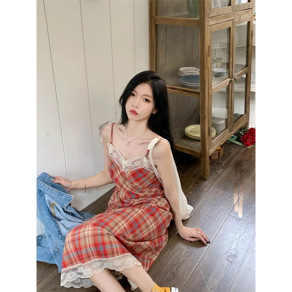 Đầm Hai Dây Phối Ren Họa Tiết Sọc Caro Thời Trang Mùa Hè Hàng Mới Dành Cho Bạn Nữ