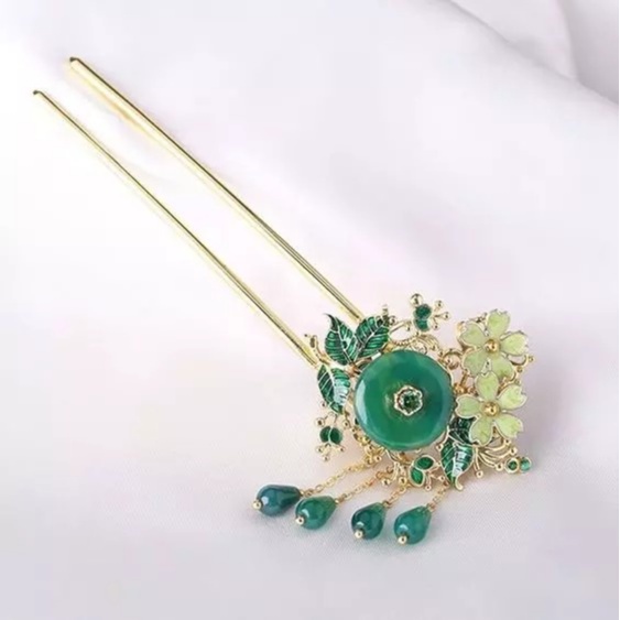 TD040 Trâm cài tóc gắn đá đồng điếu màu xanh và màu đỏ