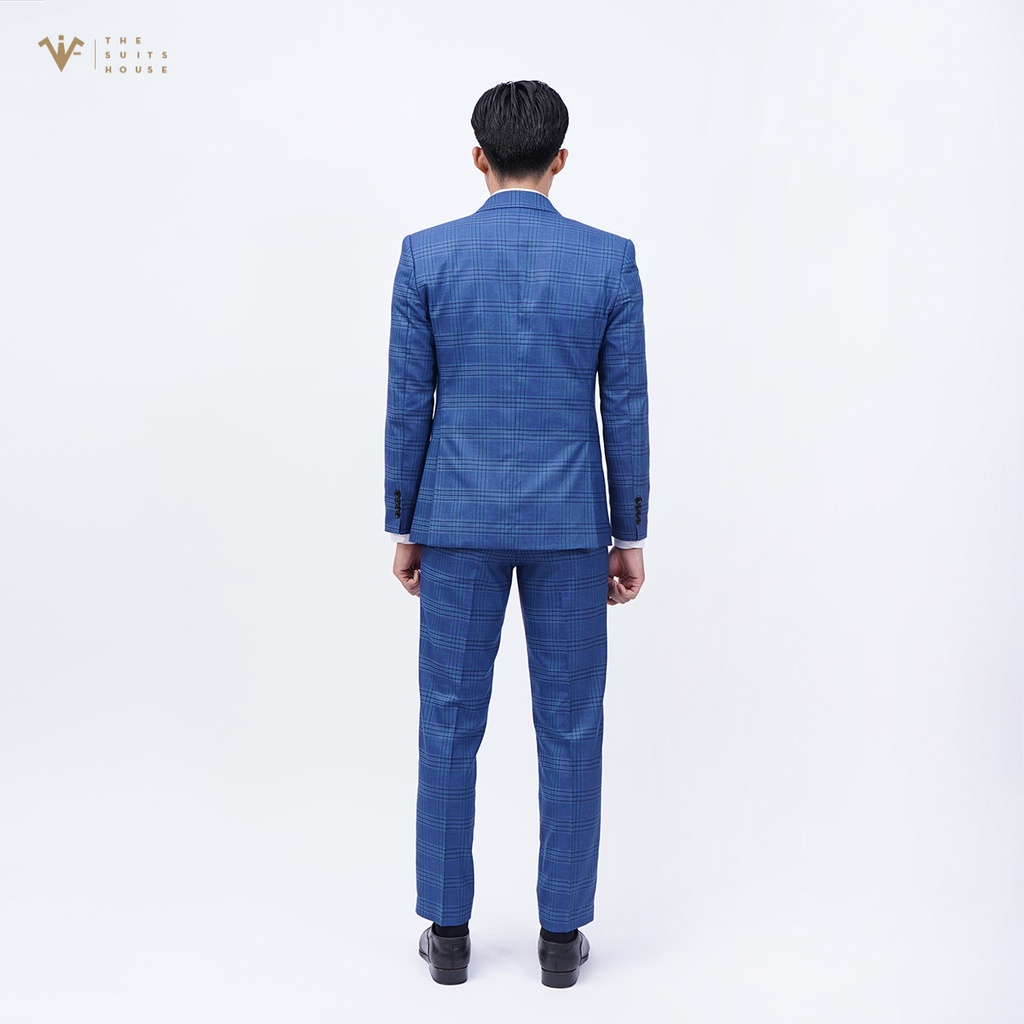 Bộ vest nam xanh kẻ ô, suits sartorial, 1 khuy 2 túi, form ôm The Suits House