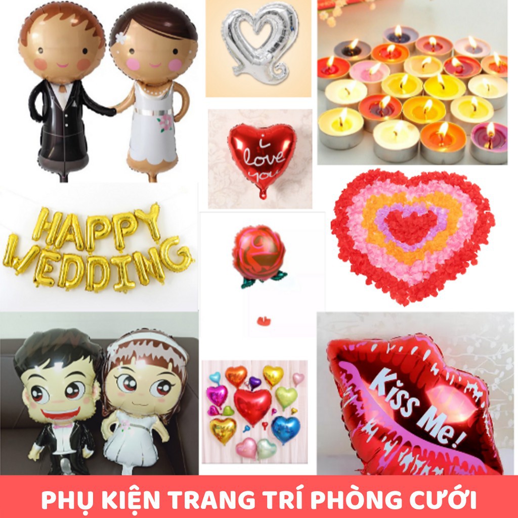 Bóng bay hình cô dâu chú rể hoa hồng bóng môi kissme bộ chữ happywedding nến tealight cánh hồng trang trí phòng cưới