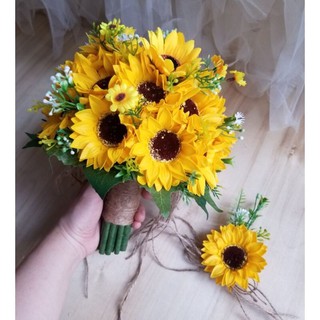 bó hoa cưới hướng dương cầm tay (hoa sáp) 18 bông tặng kèm cài áo, giữ được lâu kỉ niệm ngày cưới
