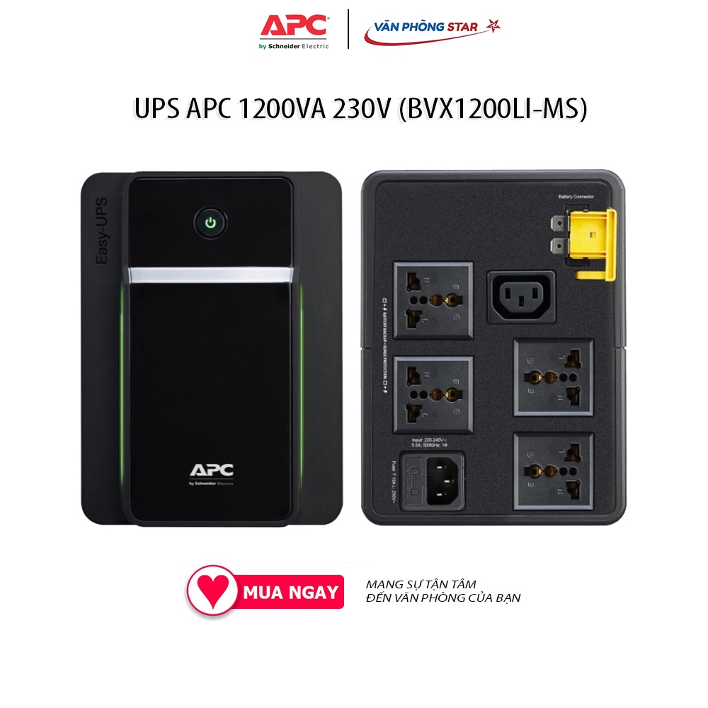 UPS APC 1200VA 230V (BVX1200LI-MS) 50 Hz or 60 Hz (auto-sensing) Kết nối đầu ra 4 Universal + 1 IEC Acquy acit chì