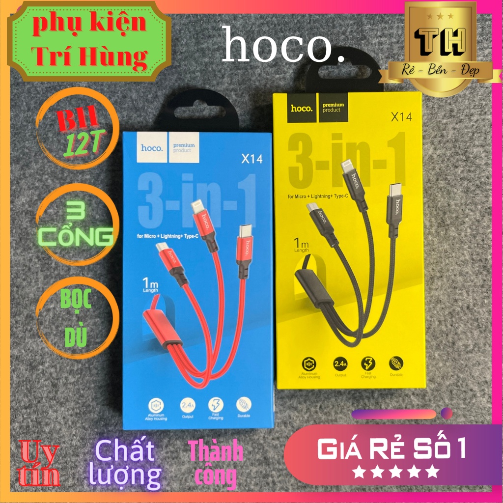 Dây sạc 3 đầu hoco x14 3 in 1 đầu nối hợp kim nhôm, đây bọc dù siêu bền chính hãng bảo hành 12 tháng freeship