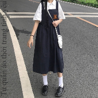 Bộ áo sơ mi ngắn tay phong cách học đường váy liền hai dây váy hai dây dáng dài vừa rộng rãi phong cách Hàn Quốc cho nữ sinh