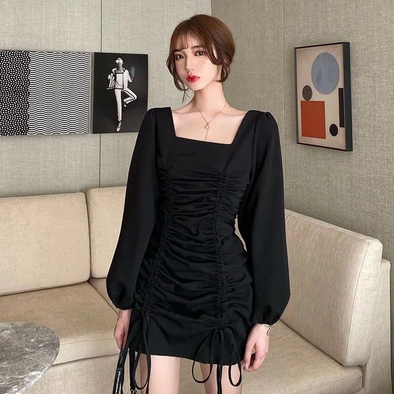 Đầm Ngắn Dáng Ôm Tay Phồng Cột Dây Thời Trang Hàn Quốc Cho Nữ