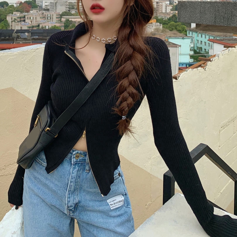 Áo Cardigan Dệt Kim Dáng Ngắn Tay Dài Màu Trơn Có Khoá Kéo Hợp Thời Trang | BigBuy360 - bigbuy360.vn